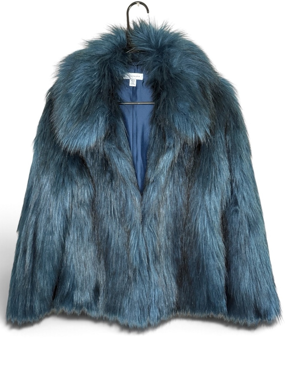 Topshop Murphy Faux Fur Coat Statement Jacket Dark Teal Glam Rocker Women's 8